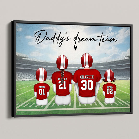 Daddy's Team American Football Family Sitting Personalized Poster, Father's Day Gift For Dad, Grandpa, Husband