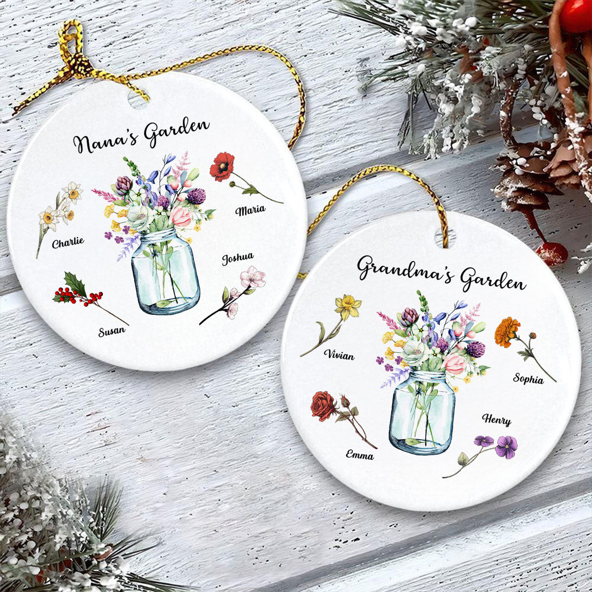 Grandma Garden Birth Month Flowers Vase Personalized Circle Ceramic Ornament, Christmas Gift for Grandma