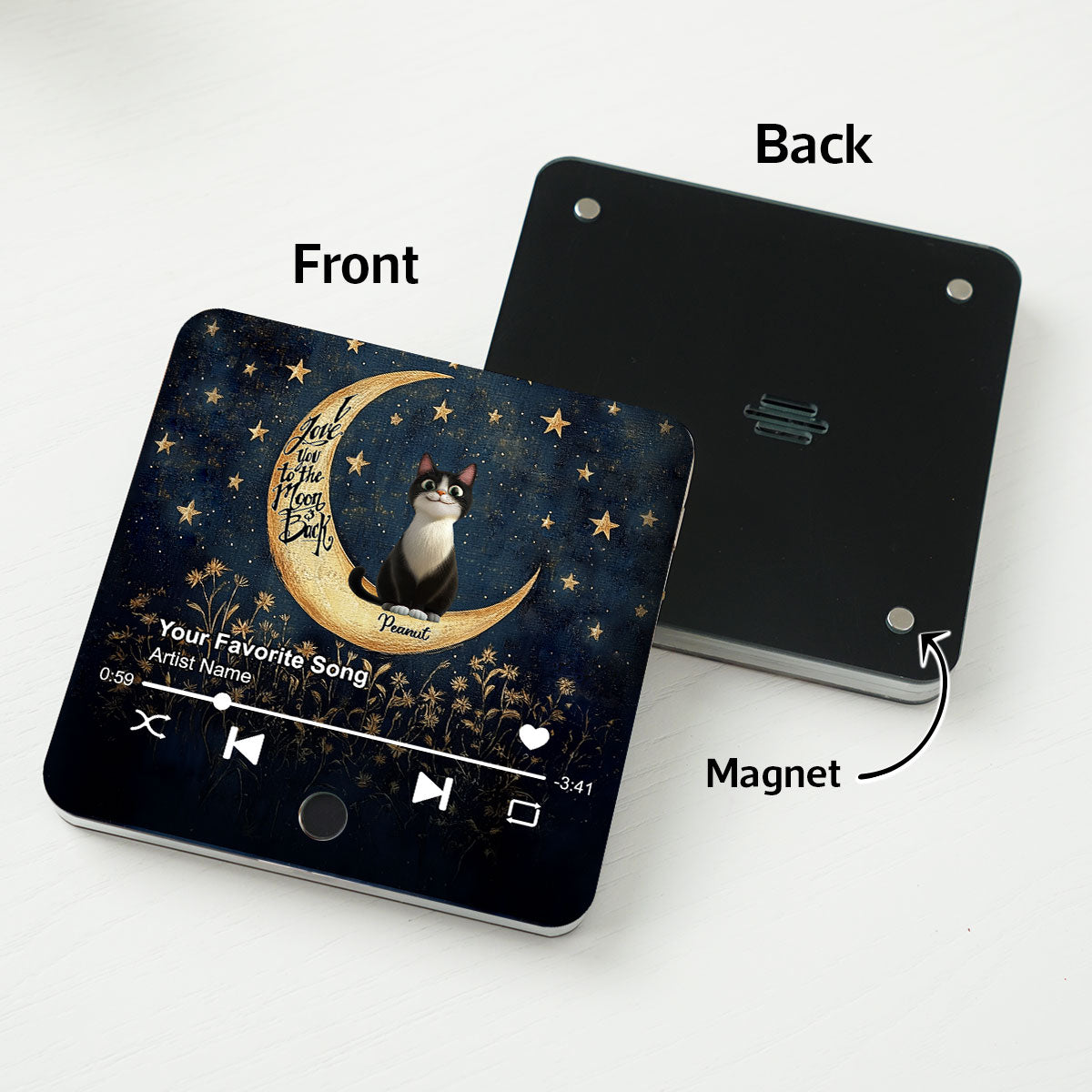 Cat Sitting On Moon Personalized Music Fridge Magnet, Gift for Cat Moms