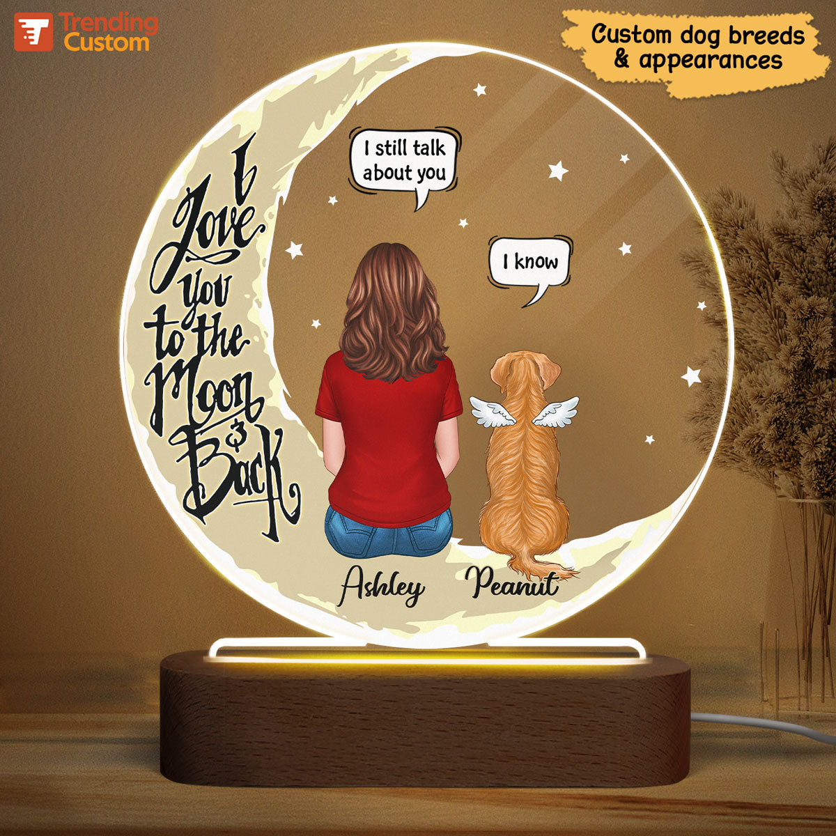 Memorial Dog On Yellow Moon Personalized Circle Acrylic LED Lamp Night Light