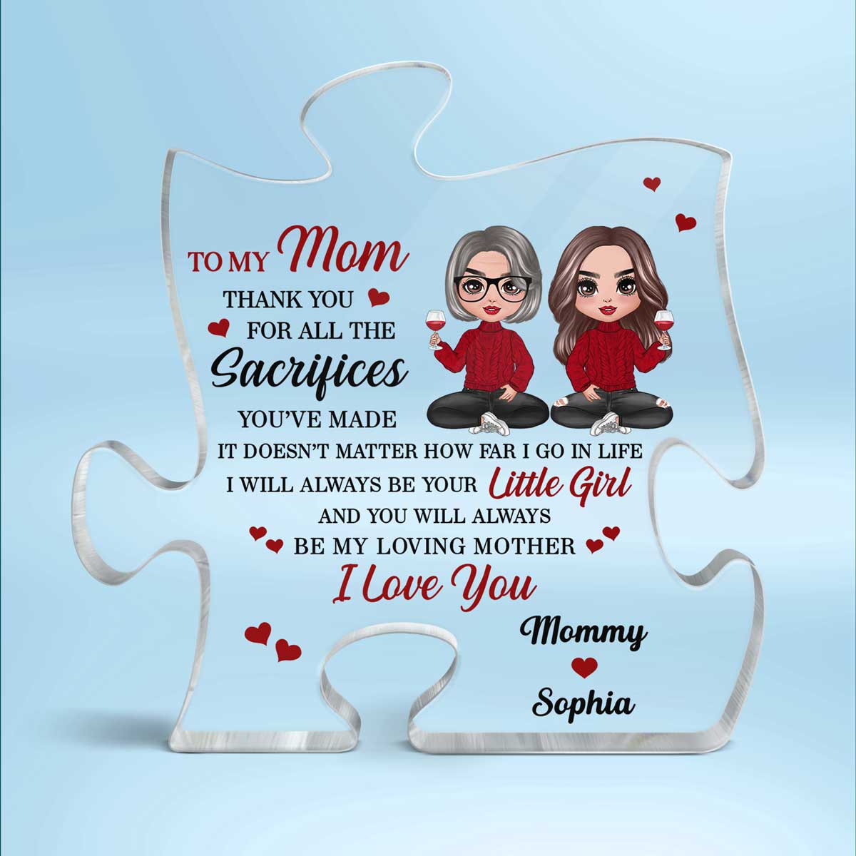 To My Mom Doll Mom And Daughter Sitting Gift For Mom Personalized Puzzle Acrylic Plaque