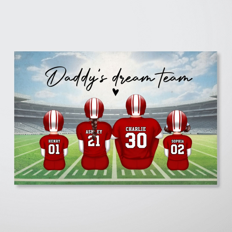 Daddy's Team American Football Family Sitting Personalized Poster, Father's Day Gift For Dad, Grandpa, Husband