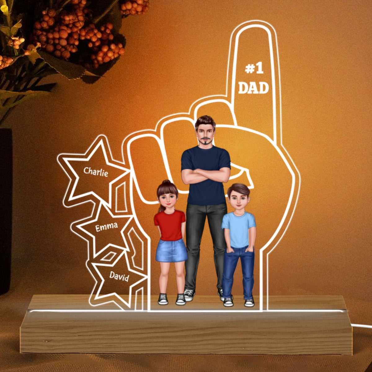 #1 Dad And Kids Standing Front View Hand Personalized Warm Acrylic Custom Shape LED Night Light