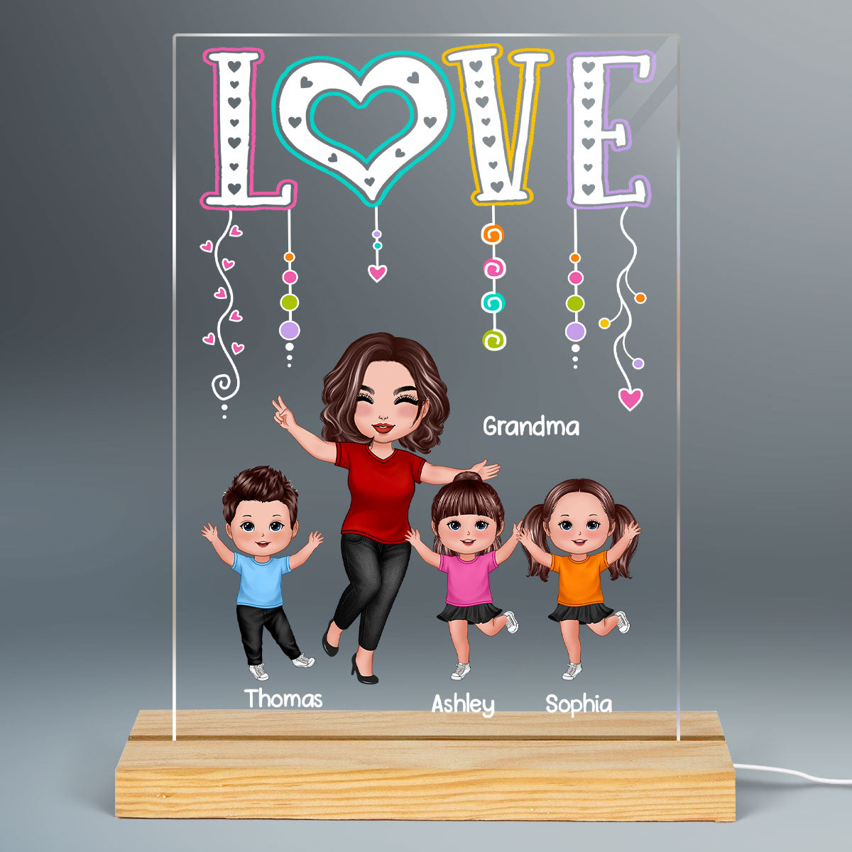 LOVE Happy Doll Grandma Mom With Kids Personalized Rectangle Acrylic Plaque LED Night Light