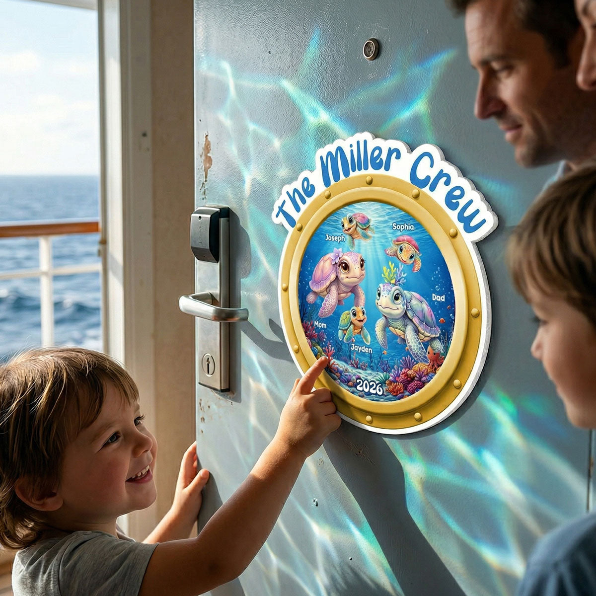 Family Cruise Crew Porthole Turtle Family - Personalized Cruise Ship Door Magnet - Cruise Trip Keepsake