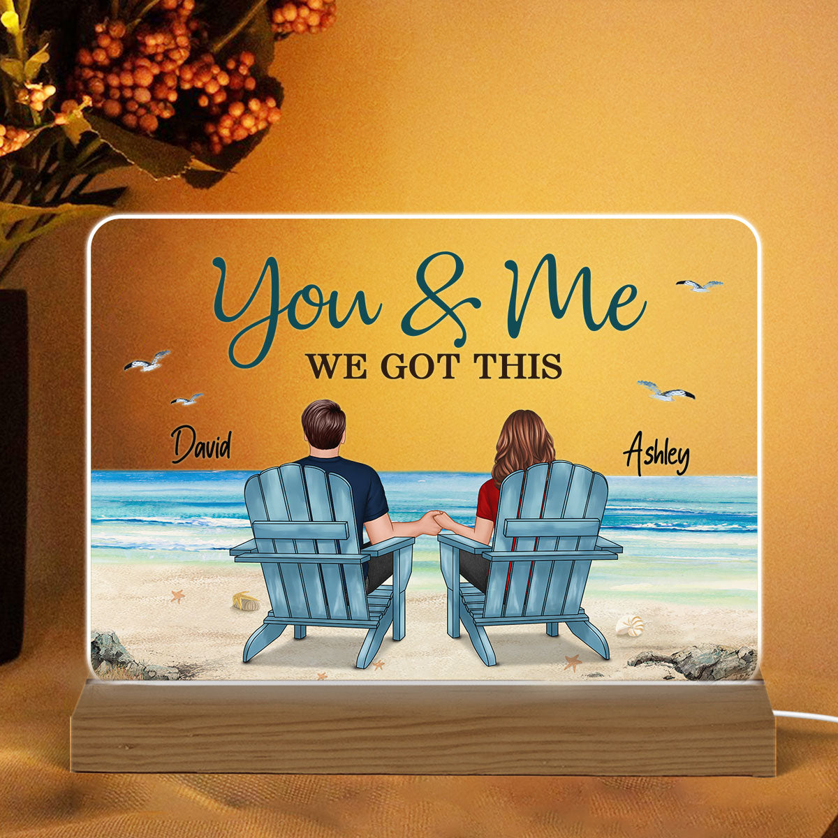 Back View Couple Sitting Beach Landscape Personalized Custom Shape Acrylic Plaque LED Night Light