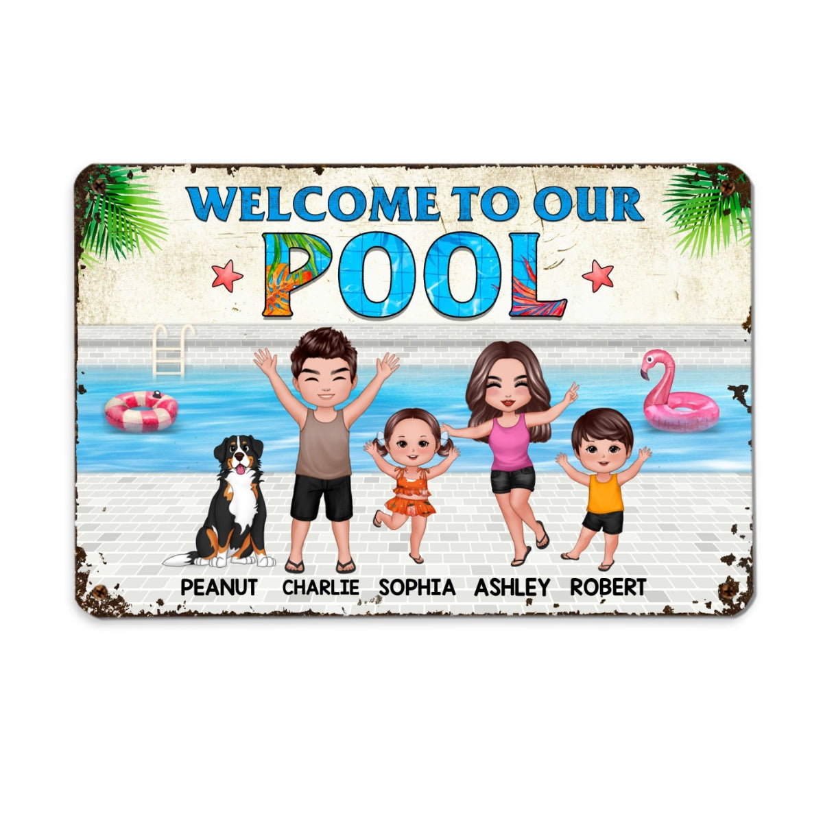 Summer Welcome To Our Pool Whole Family Doll Couple Dad Mom Kids Dogs Cats Personalized Metal Sign