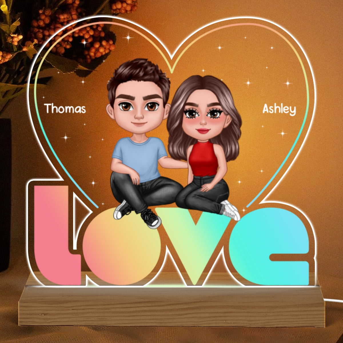 LOVE Pastel Palette Pretty Doll Couple Personalized Custom Shaped Acrylic Plaque With Warm LED Night Light