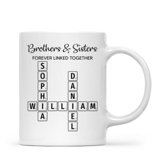 Copy of Brothers & Sisters Forever Linked Together Crossword Puzzle Art Personalized Mug, Gift For Brothers, Sisters, Siblings, Family