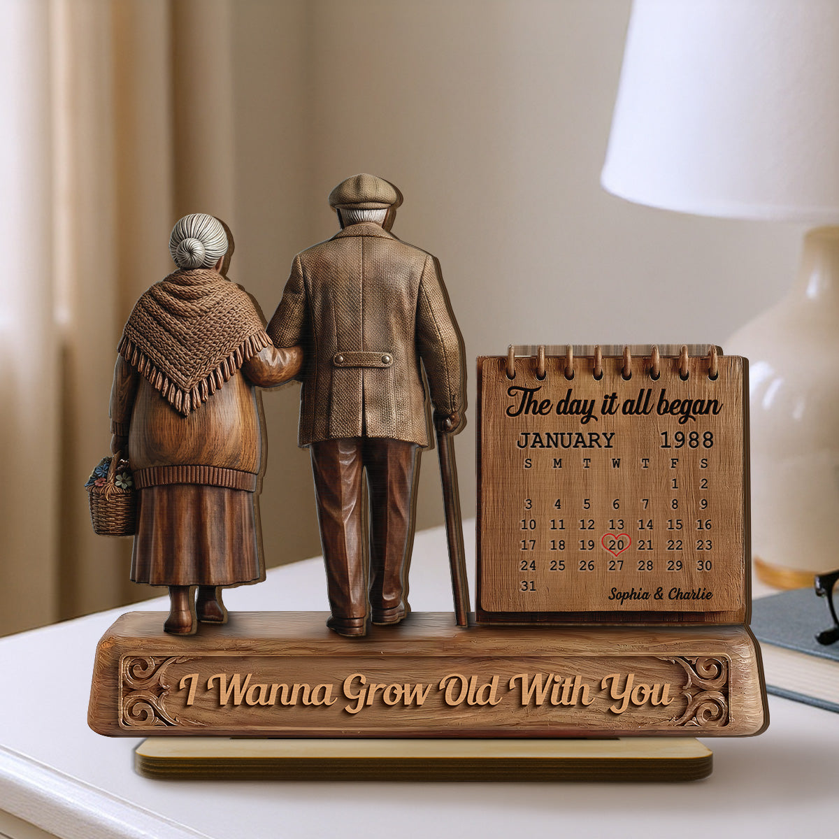 Old Couple Walking Side By Side Anniversary Date Calendar 2D Flat - Personalized 2-Layered Wooden Plaque