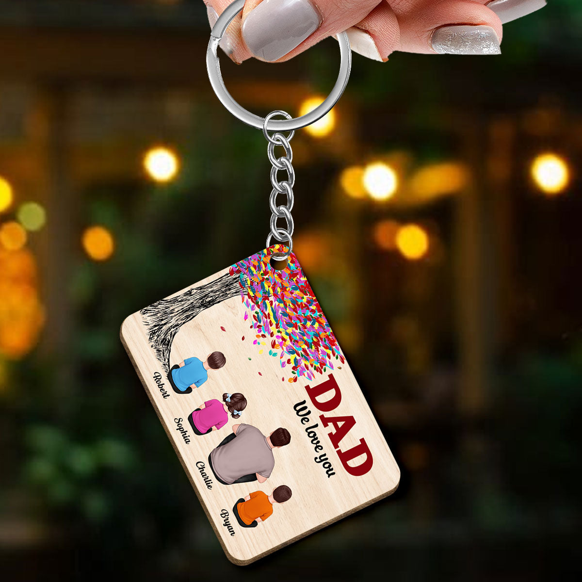 Best Dad Ever Colorful Tree Personalized Wooden Keychain