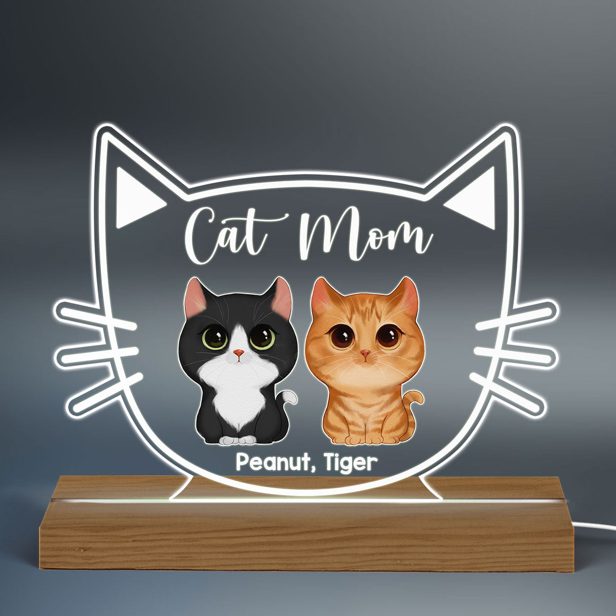 Cat Mom Watercolor Cute Cats Cat Face Personalized Custom Shape Acrylic Plaque Warm LED Night Light
