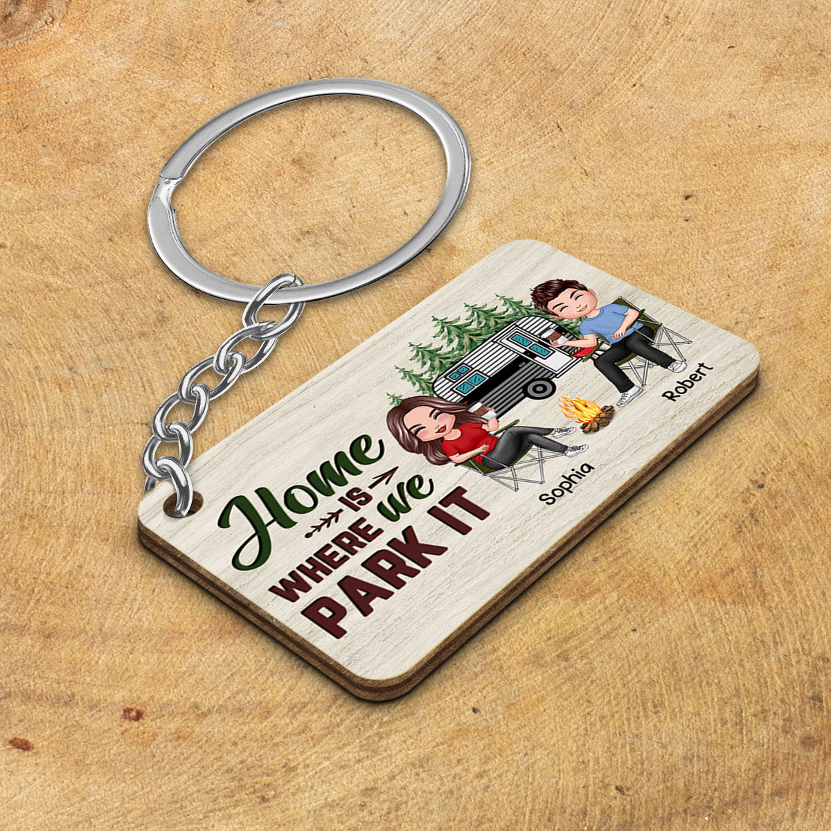 Home Is Where We Park It Couple Camping Personalized Wooden Keychain