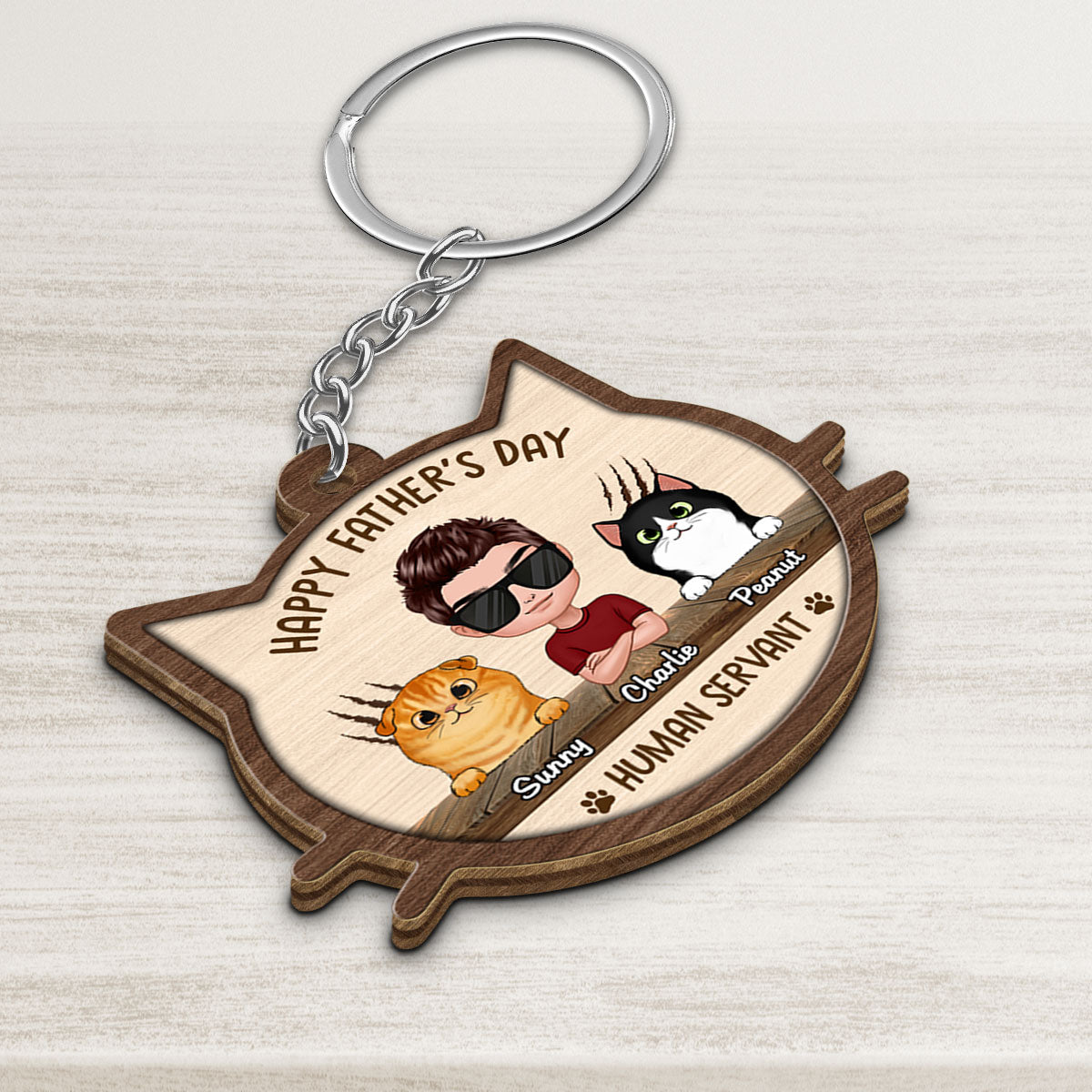 Happy Father‘s Day Human Servant Cat Face Shaped Personalized Wooden Keychain