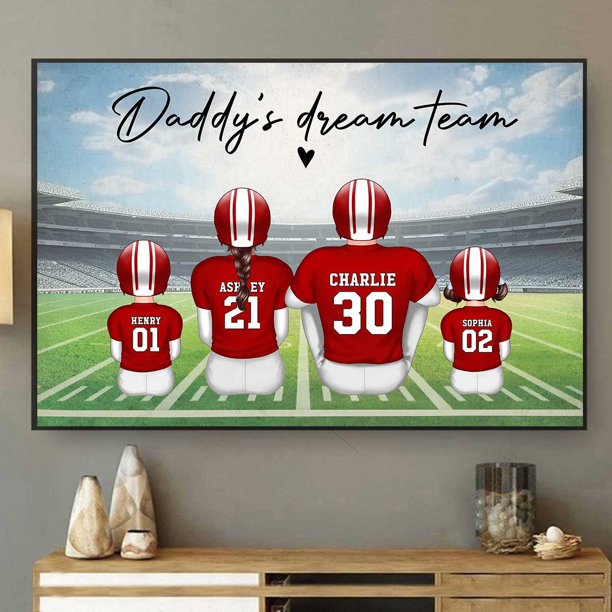 Daddy's Team American Football Family Sitting Personalized Poster, Father's Day Gift For Dad, Grandpa, Husband