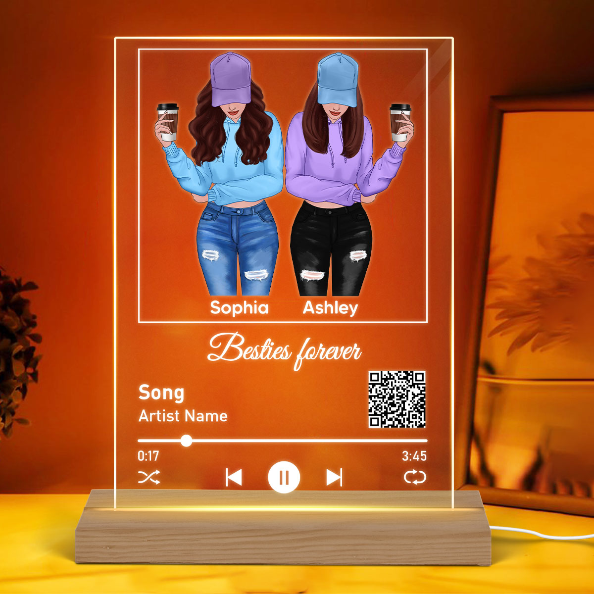 Front View Besties Favorite Song Scannable QR Code Personalized Rectangle Acrylic Plaque LED Night Light