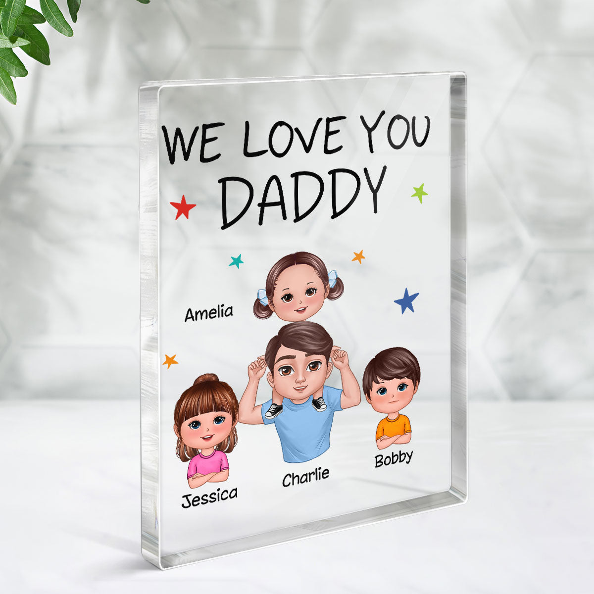 We Love You Doll Dad And Kids Piggyback Personalized Vertical Rectangle Acrylic Block Plaque