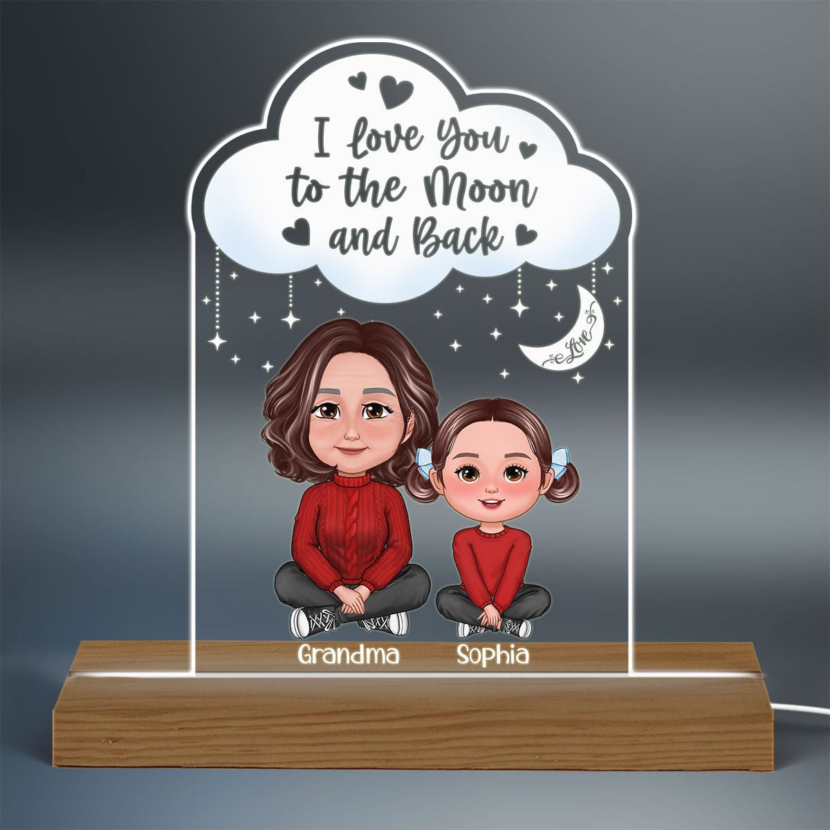 Doll Grandma Hugging Kid I Love You To The Moon And Back Gift For Granddaughter Grandson Personalized Custom Shape Acrylic Plaque LED Night Light