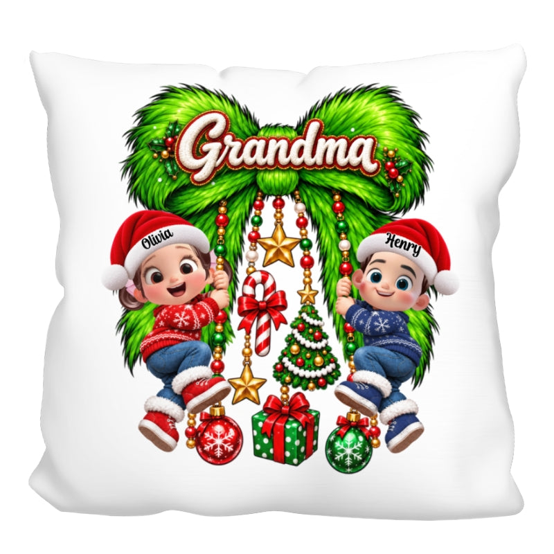 Cute Grandkids Green Bow Charm Personalized Pillow, Trendy Christmas Gift for Grandma, Mom or Wife