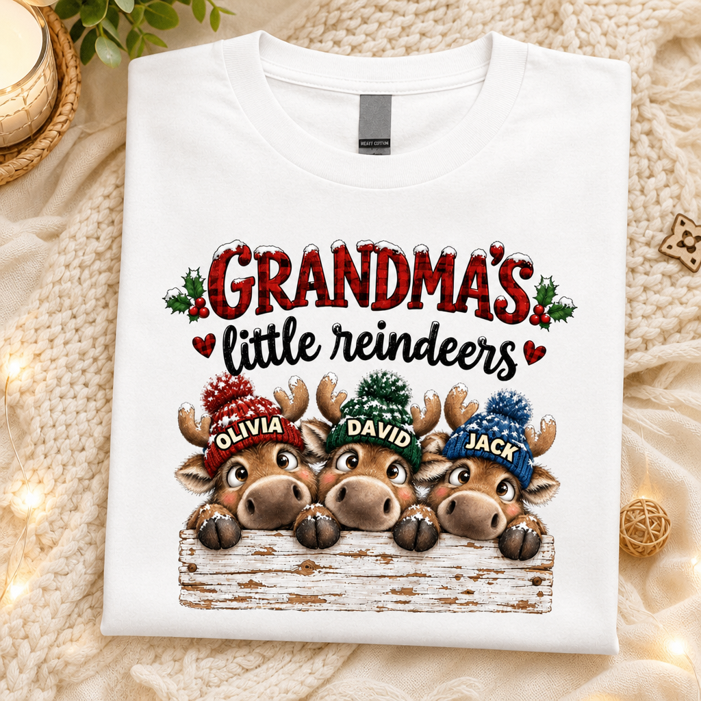 Grandma's Cute Peeking Reindeer Personalized Classic Tee, Christmas Gift for Grandma, Mom or Wife