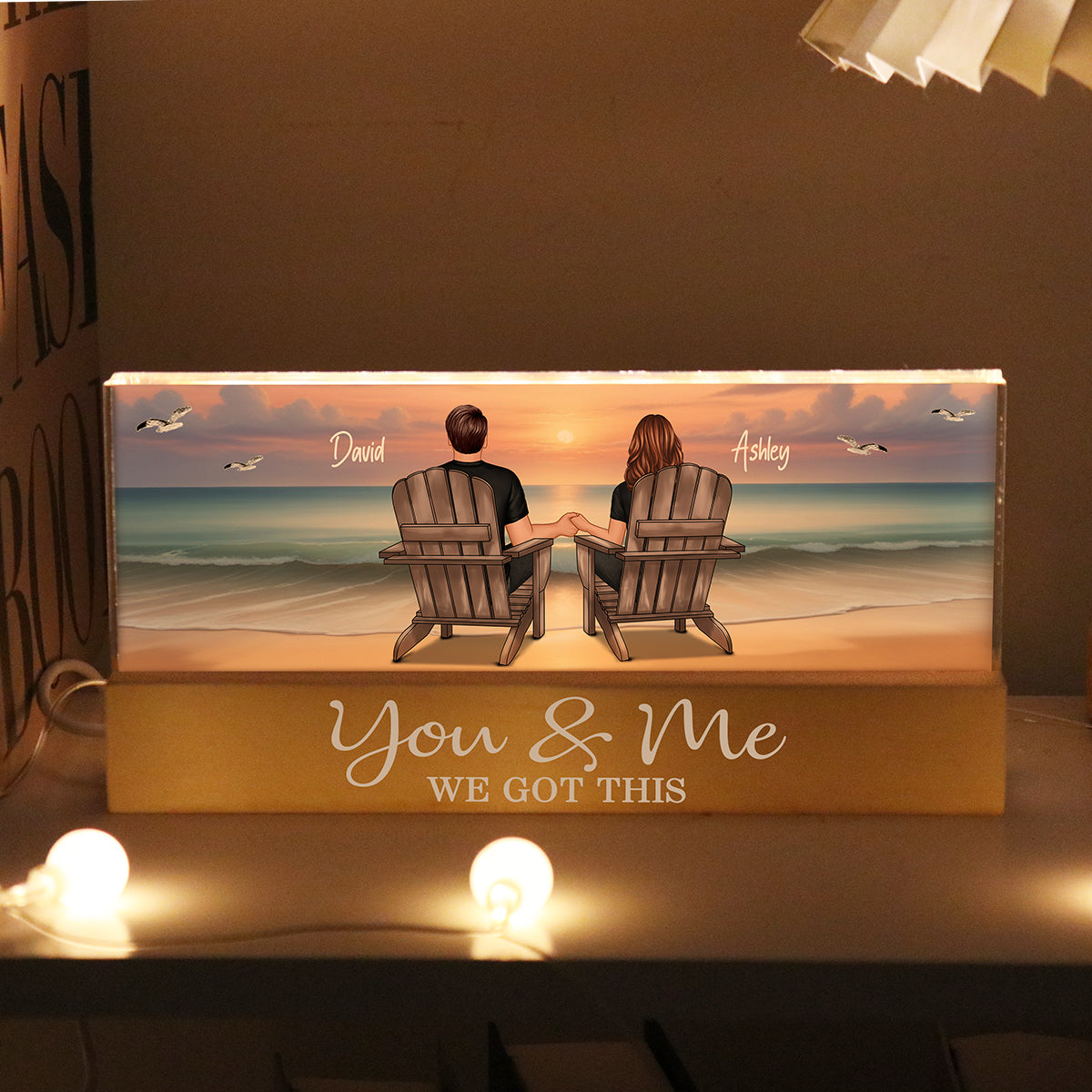 Eternal Sunset Beach Couple - Personalized Acrylic Block Plaque LED Night Light - Anniversary Gift For Girlfriend, For Wife