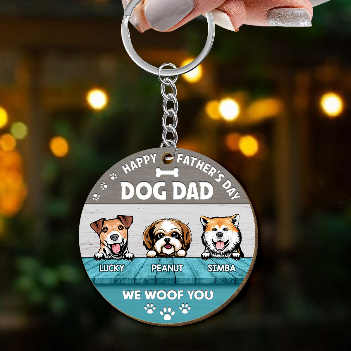 Happy Father‘s Day Dog Dad Dogs On Table Personalized Wooden Keychain