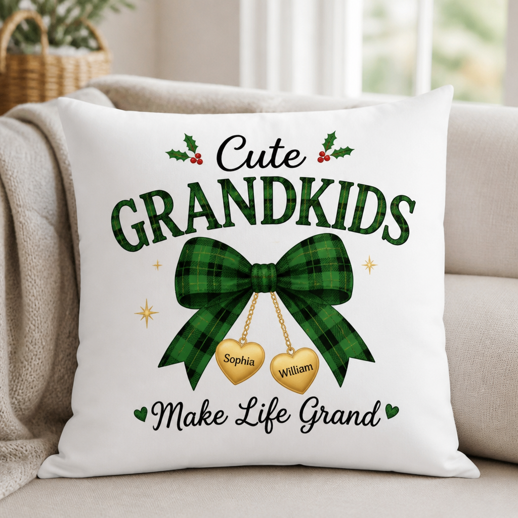 Cute Grandkids Green Bow Charm Personalized Pillow, Trendy Christmas Gift for Grandma, Mom or Wife