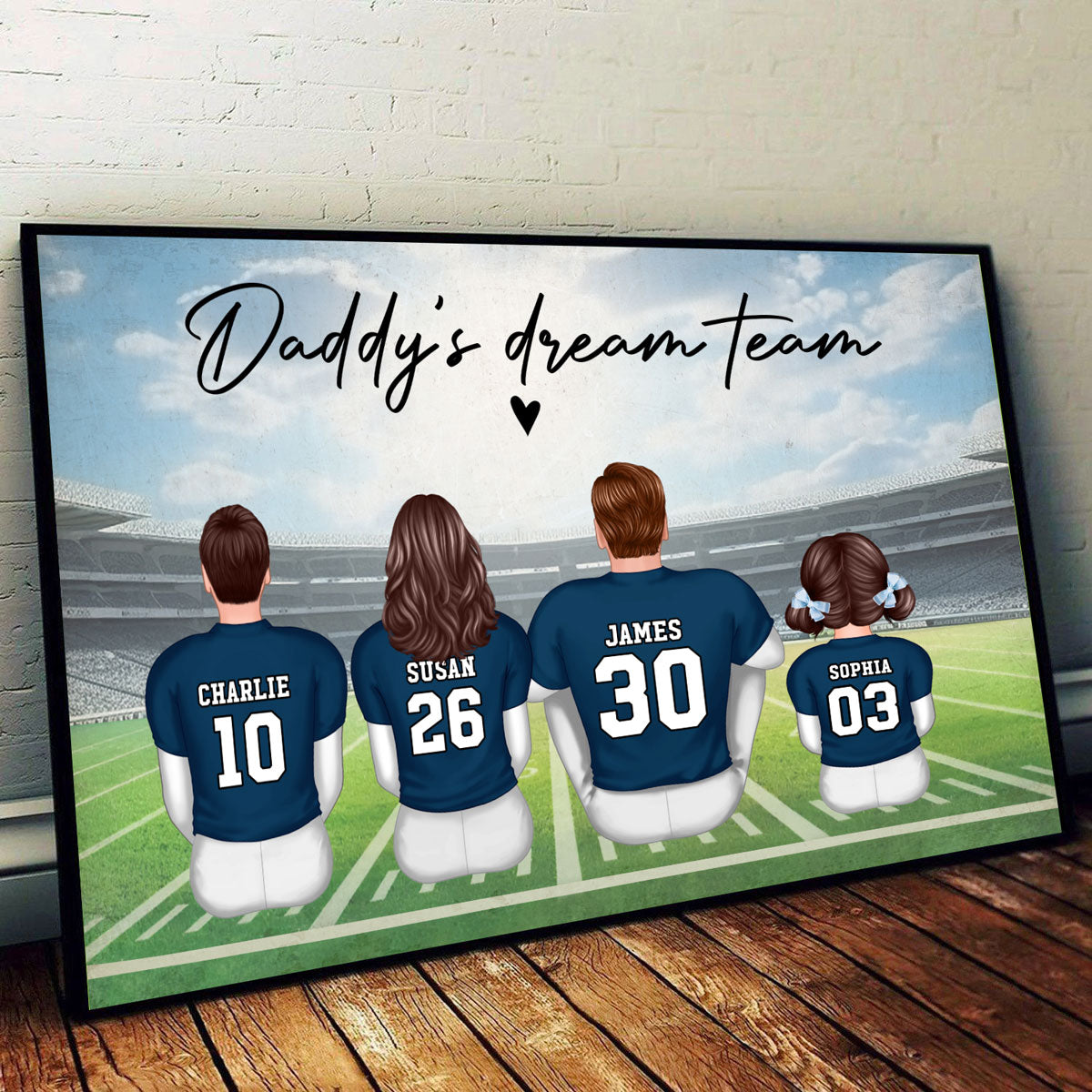 Daddy's Team American Football Family Sitting Personalized Poster, Father's Day Gift For Dad, Grandpa, Husband