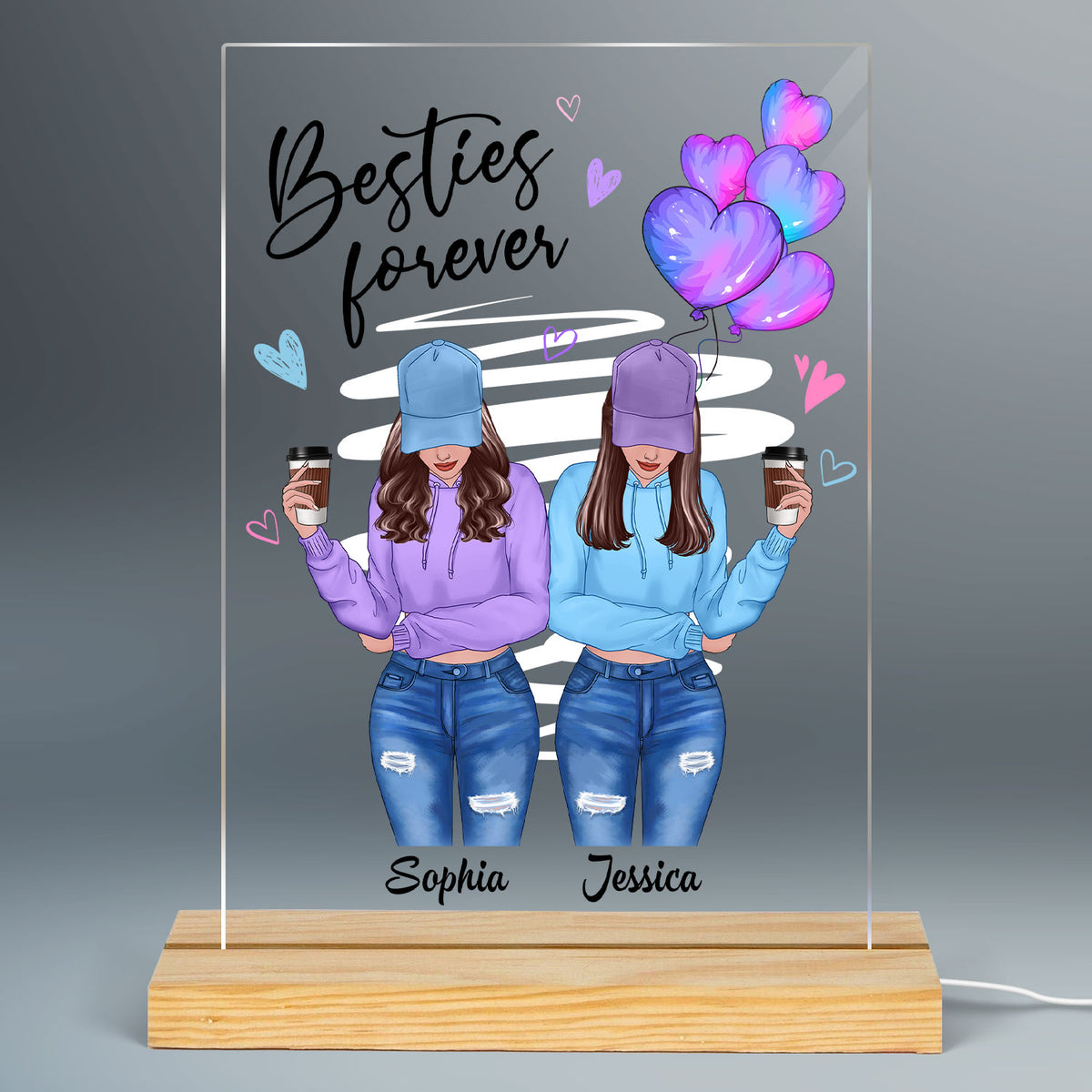 Galaxy Color Hearts Besties Forever Front View Besties Personalized Rectangle Acrylic Plaque LED Light Night