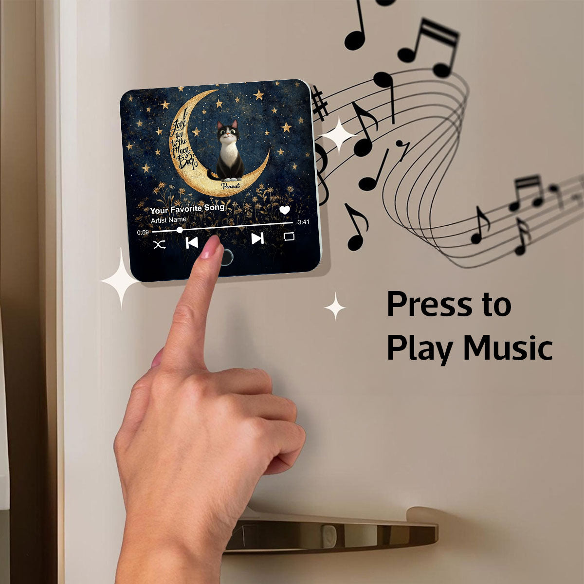 Cat Sitting On Moon Personalized Music Fridge Magnet, Gift for Cat Moms