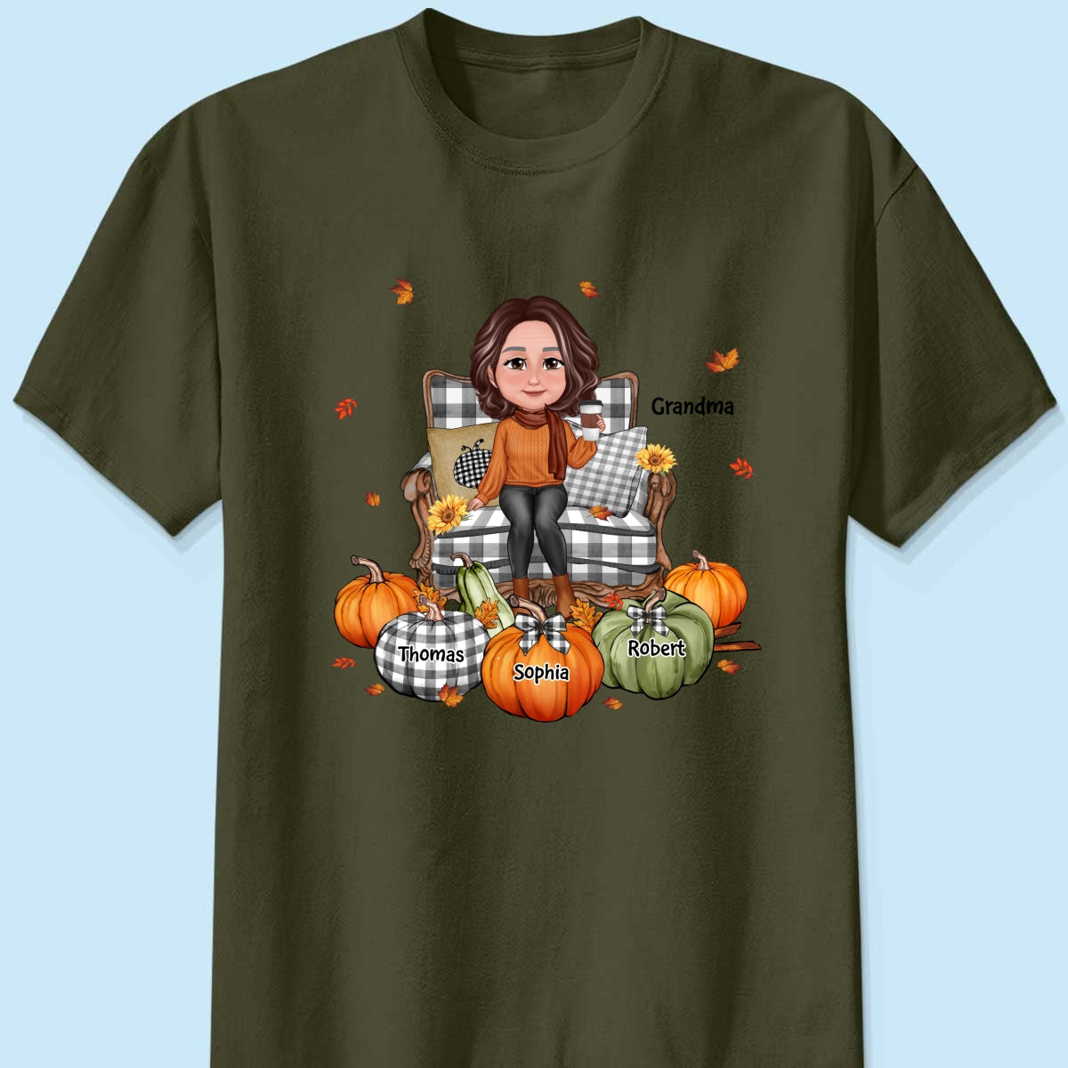 Grandma Sitting On Chair Pumpkins Personalized Shirt