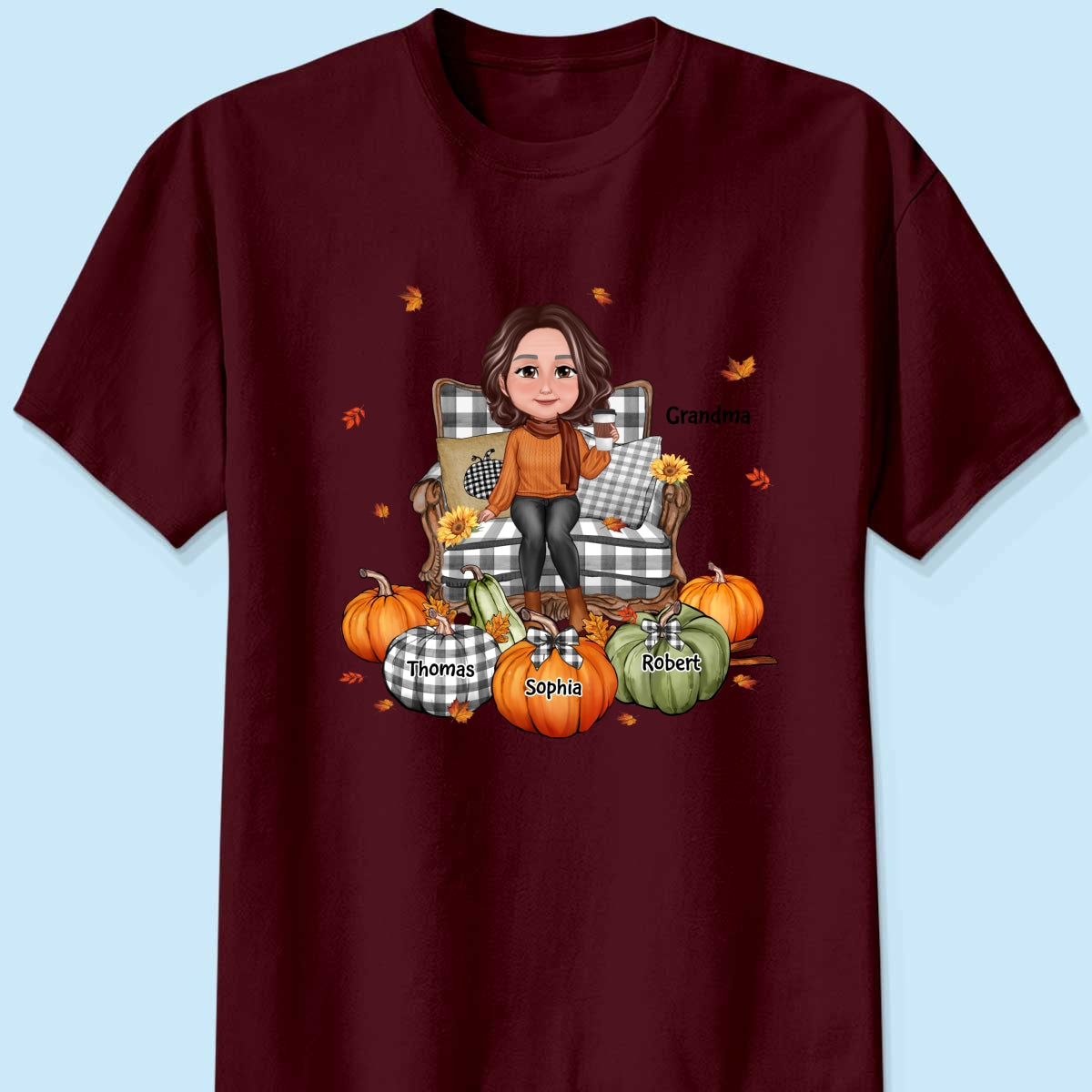 Grandma Sitting On Chair Pumpkins Personalized Shirt