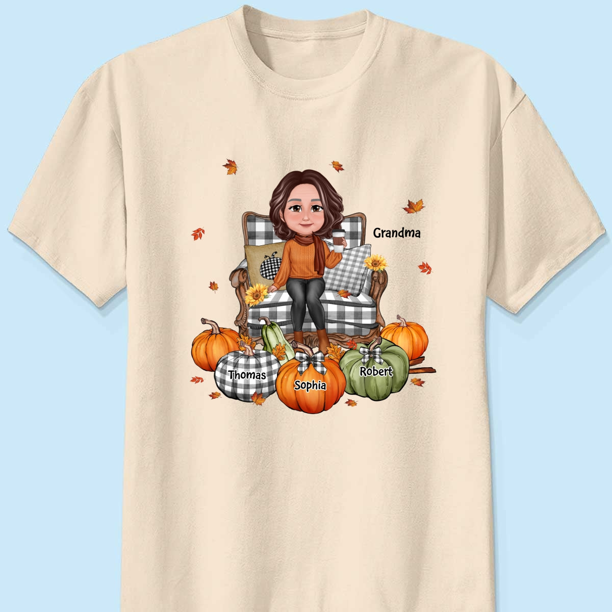 Grandma Sitting On Chair Pumpkins Personalized Shirt