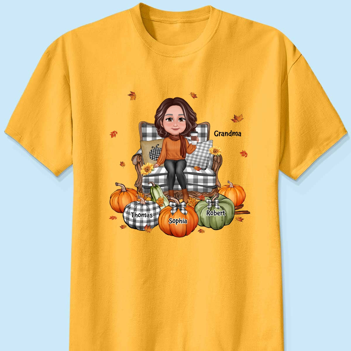 Grandma Sitting On Chair Pumpkins Personalized Shirt
