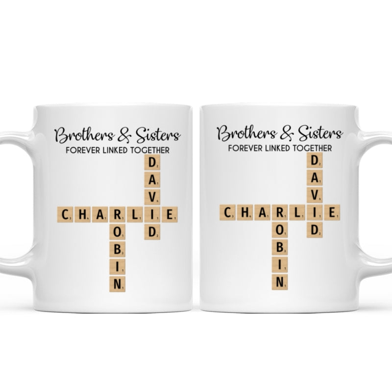 Copy of Brothers And Sisters Forever Linked Together Crossword Puzzle Art Personalized Mug, Gift For Brothers, Sisters, Siblings, Family