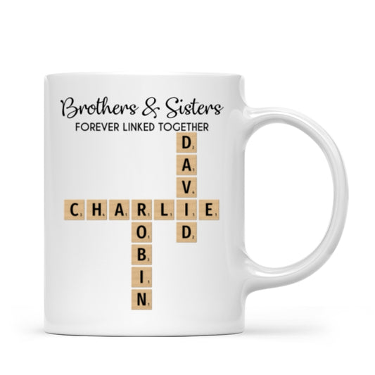 Copy of Brothers And Sisters Forever Linked Together Crossword Puzzle Art Personalized Mug, Gift For Brothers, Sisters, Siblings, Family