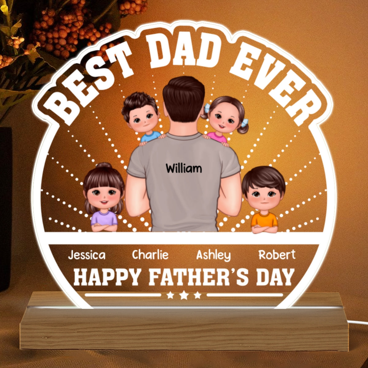 Best Dad Ever Back View Dad Holding Kids Personalized Custom Shaped Acrylic Plaque With Warm LED Night Light
