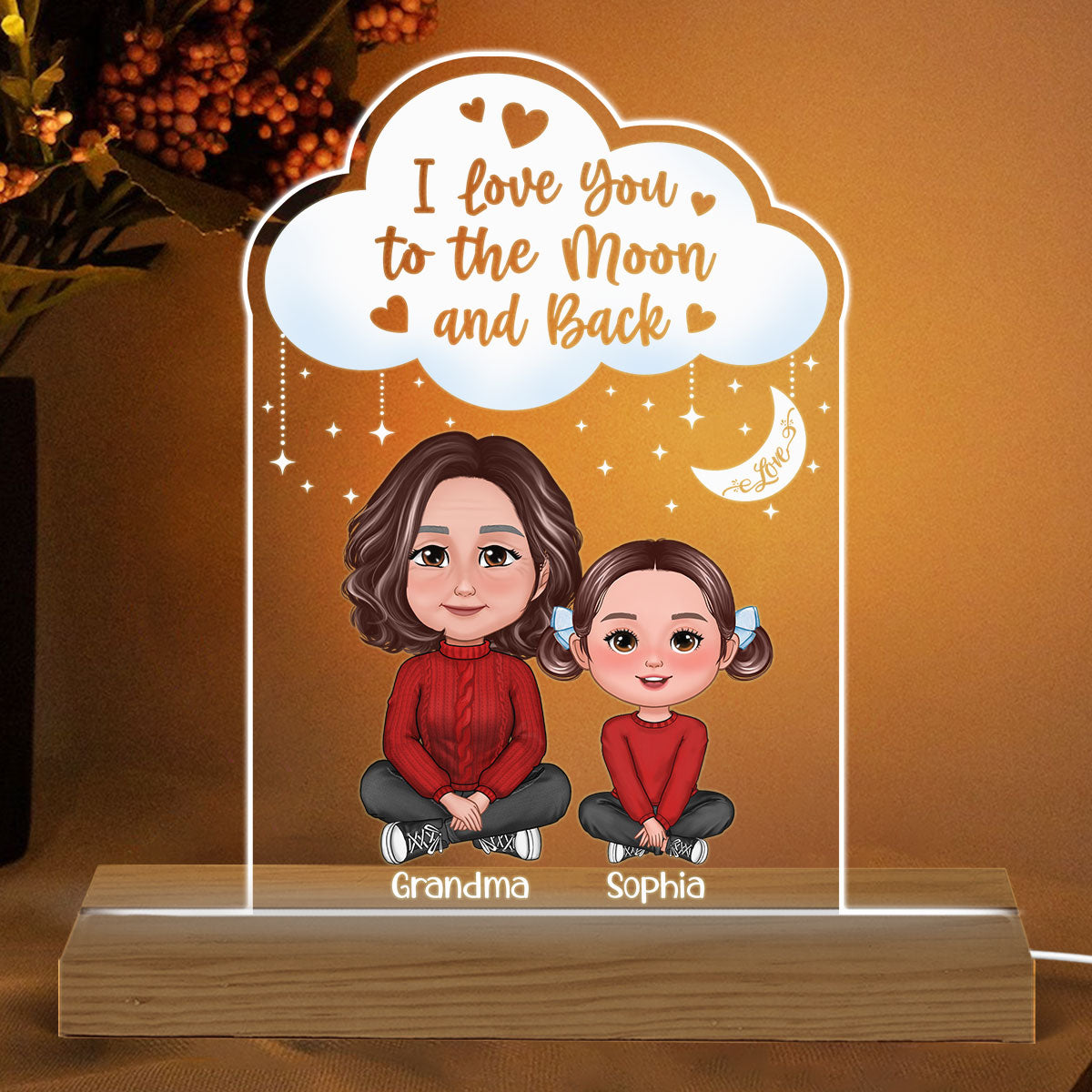 Doll Grandma Hugging Kid I Love You To The Moon And Back Gift For Granddaughter Grandson Personalized Custom Shape Acrylic Plaque LED Night Light
