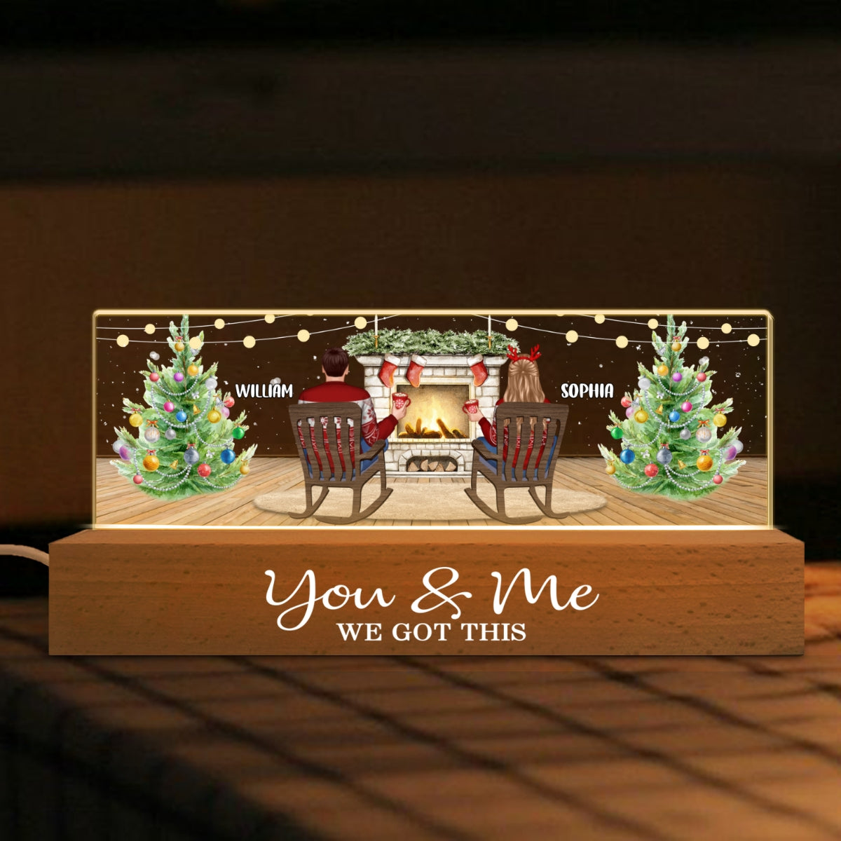 Christmas Couple Backview Fireplace Personalized Acrylic Block LED Night Light, Christmas Gift for Couples