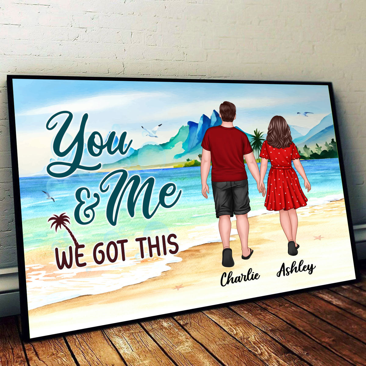 Couple Holding Hands Walking On Beach Personalized Horizontal Poster