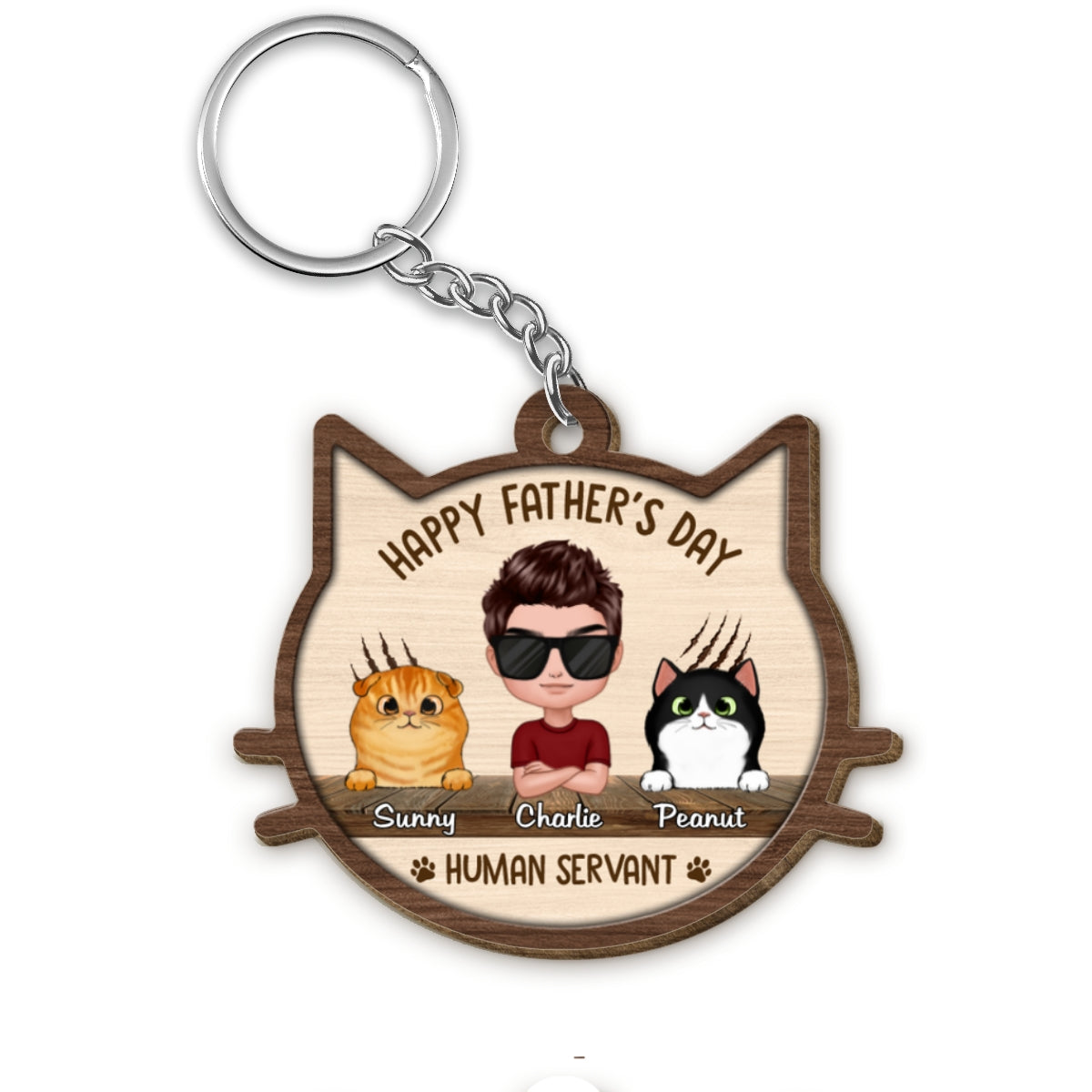 Happy Father‘s Day Human Servant Cat Face Shaped Personalized Wooden Keychain