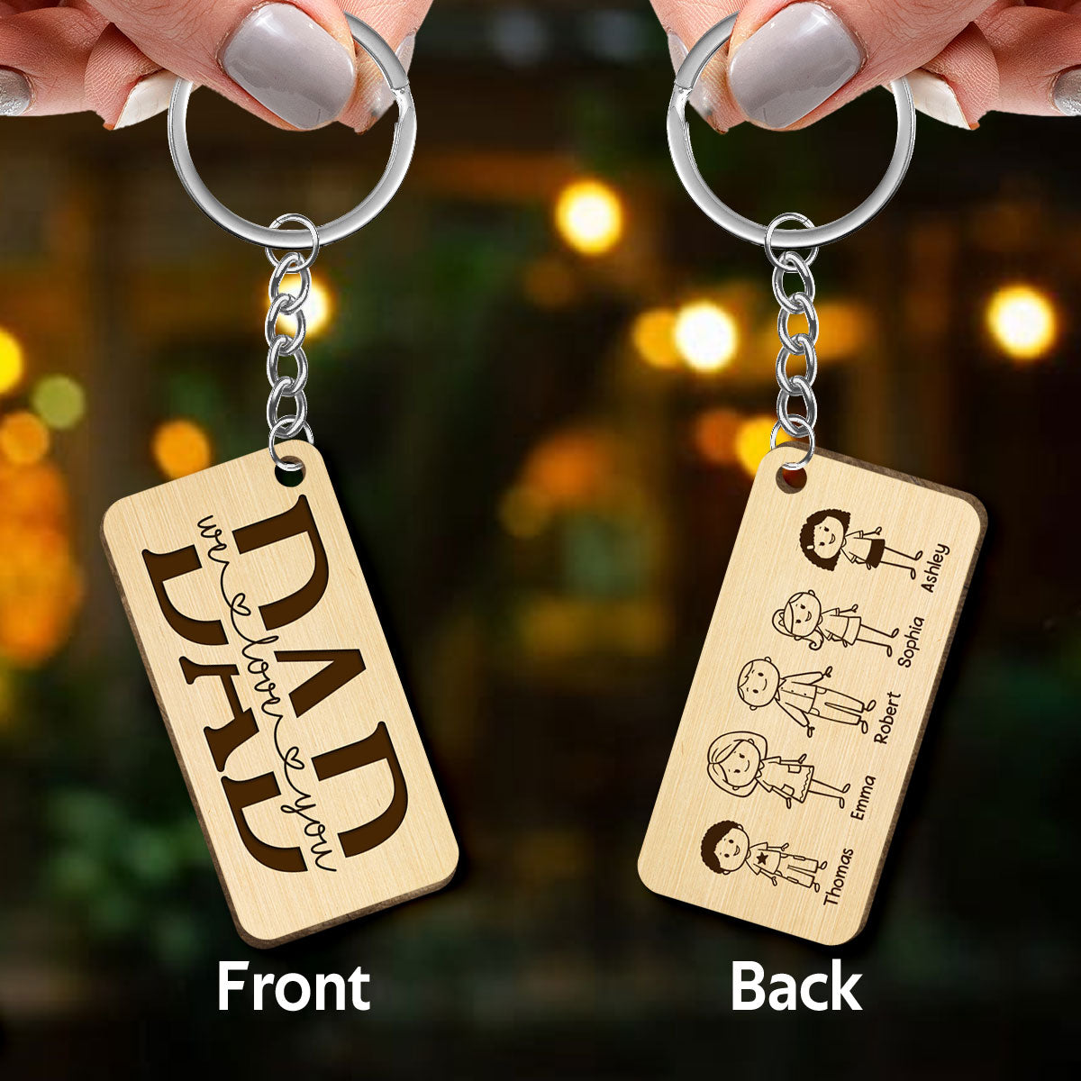 Best Dad Ever Stick Family Couple Kids Dog Cat Personalized Wooden Keychain