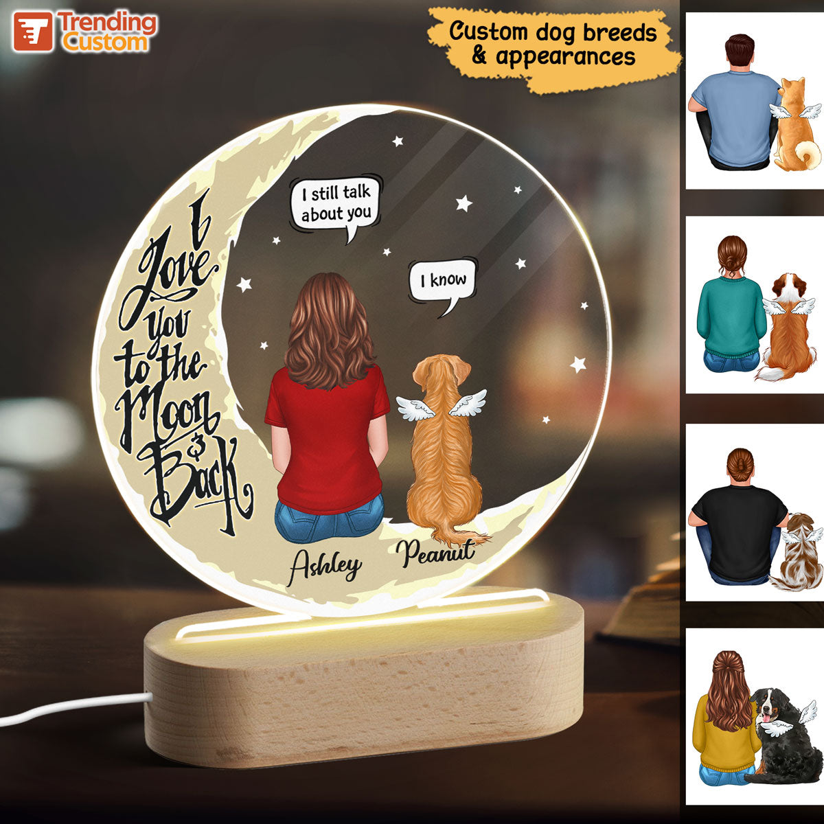 Memorial Dog On Yellow Moon Personalized Circle Acrylic LED Lamp Night Light