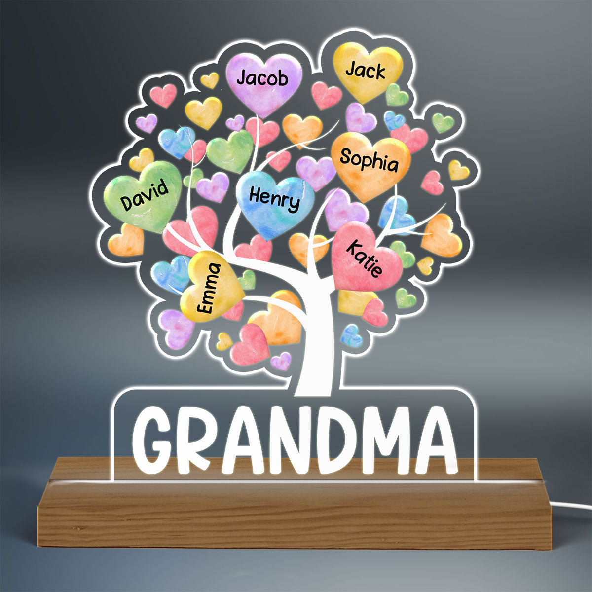Colorful Heart Tree Grandma Grandkids Name Personalized Custom Shaped Acrylic Plaque With Warm LED Night Light