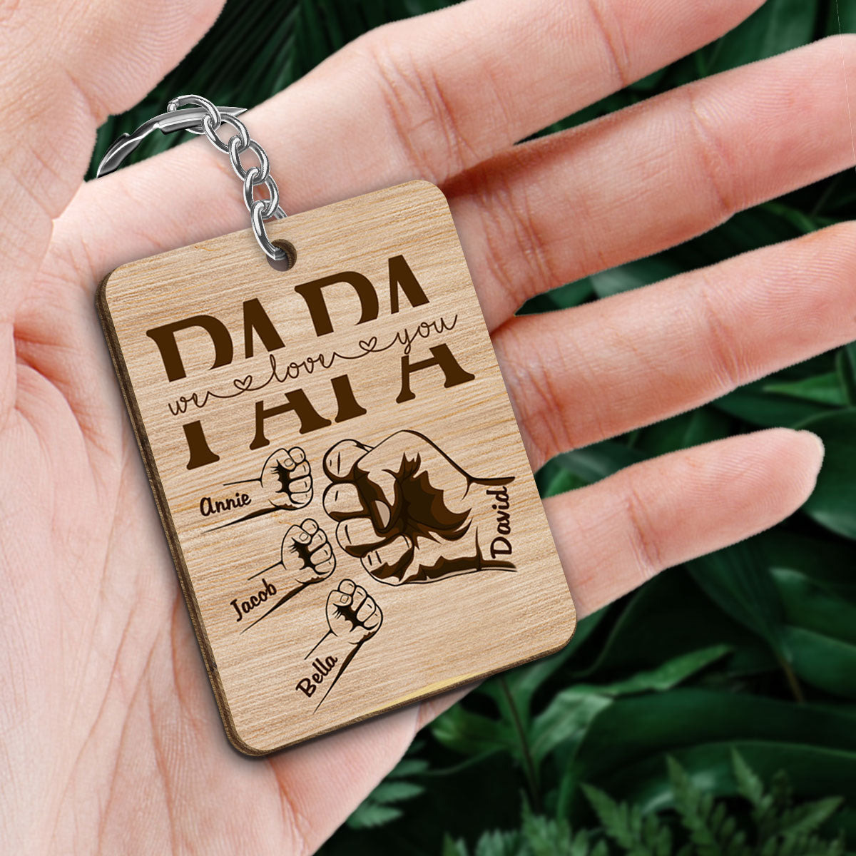 Grandpa Dad We Love You Fist Bump Personalized Wooden Keychain