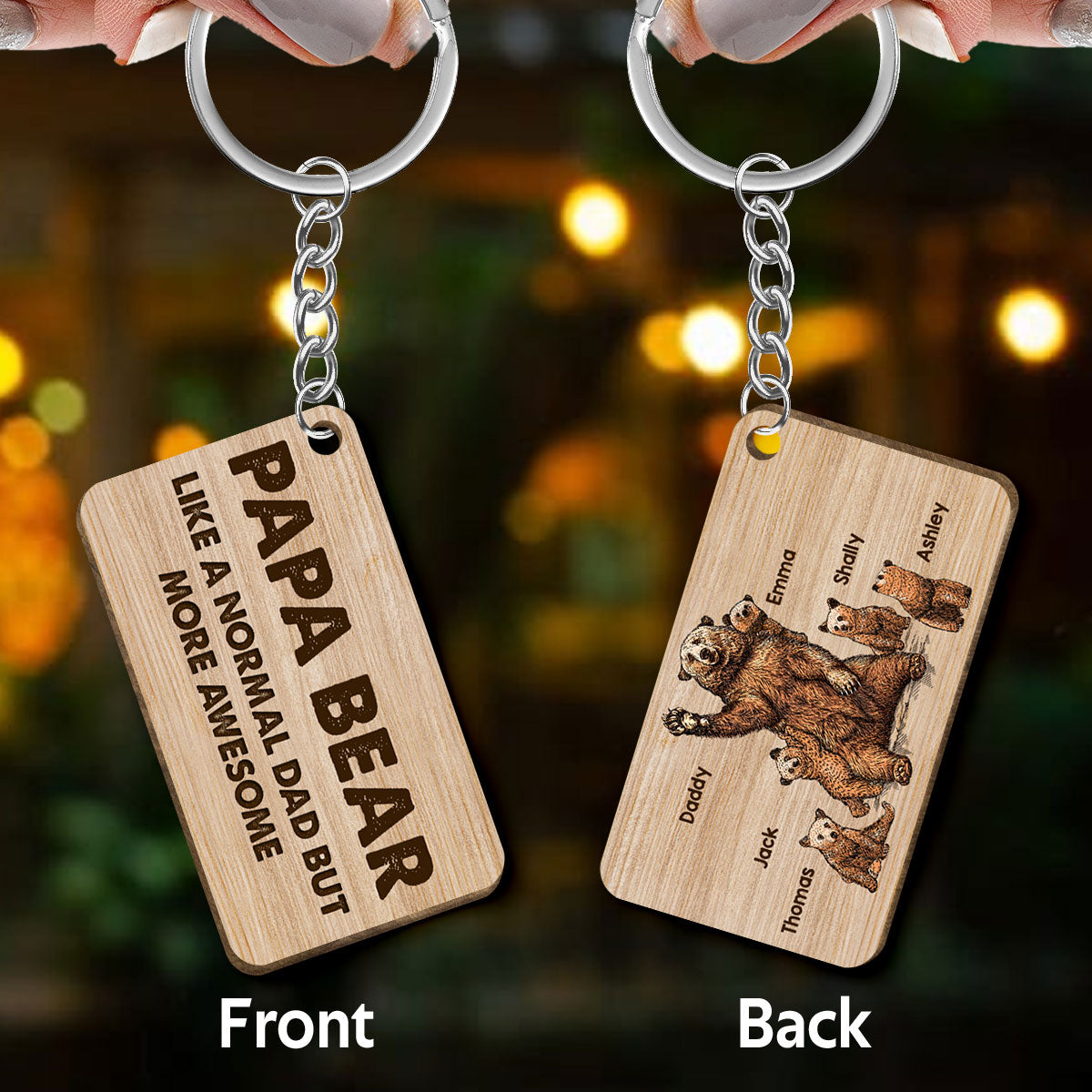 Papa Daddy Bear Family Personalized Wooden Keychain