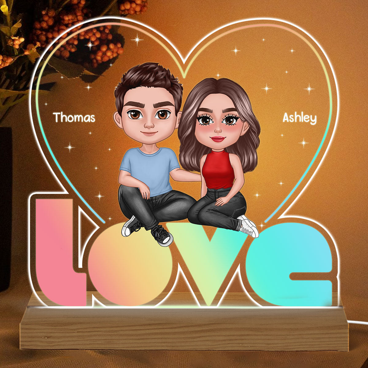 LOVE Pastel Palette Pretty Doll Couple Personalized Custom Shaped Acrylic Plaque With Warm LED Night Light