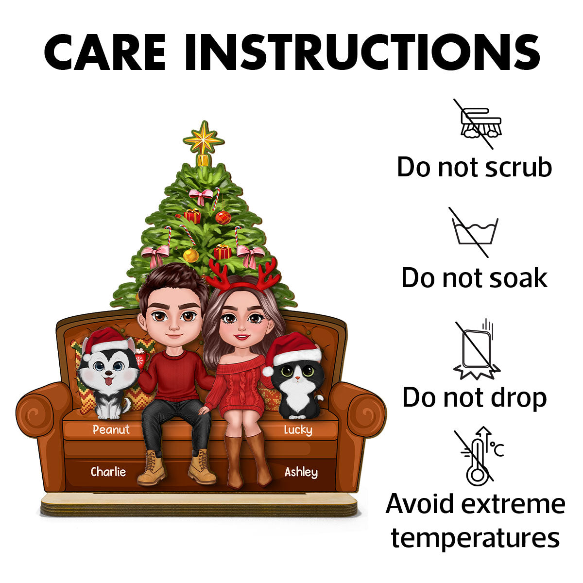 Christmas Couple With Dog Cat Sitting On Sofa Personalized 2 Layer Wooden Plaque