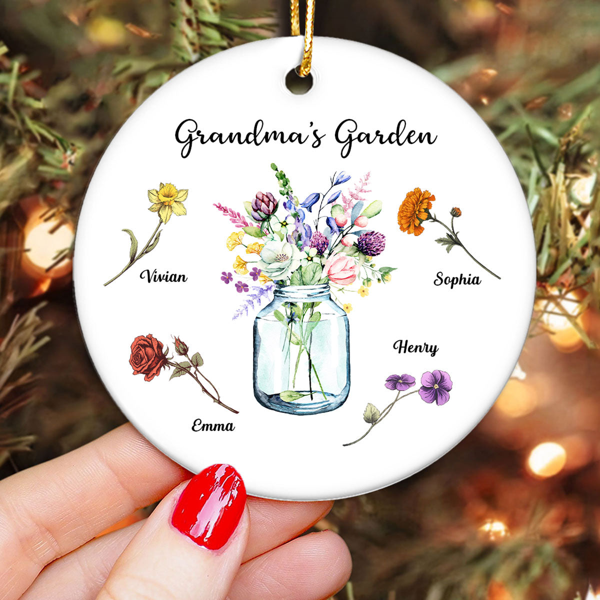 Grandma Garden Birth Month Flowers Vase Personalized Circle Ceramic Ornament, Christmas Gift for Grandma