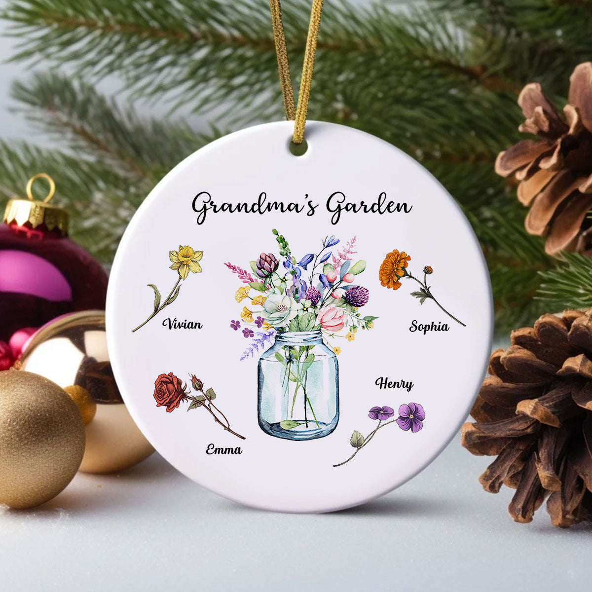 Grandma Garden Birth Month Flowers Vase Personalized Circle Ceramic Ornament, Christmas Gift for Grandma